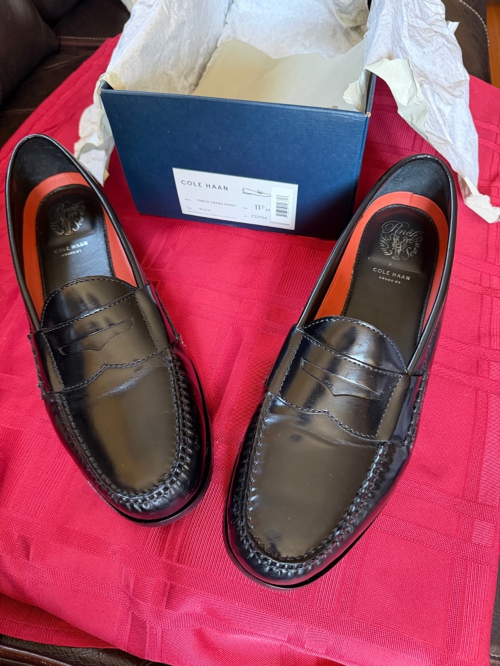 Cole Haan Black Leather Penny Loafers with Red Interior